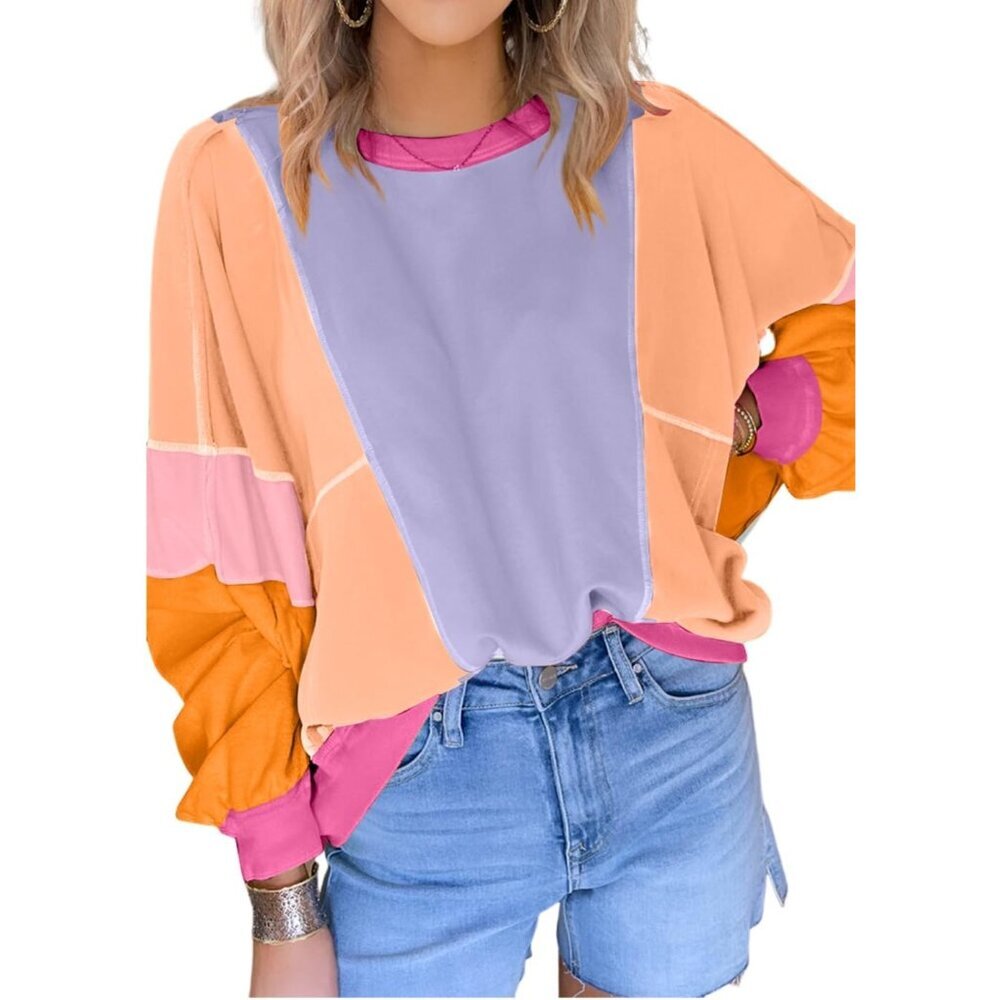 Womens Colorblock Patchwork Oversized Long Sleeve… - image 1